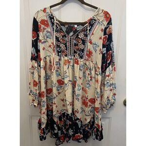 Patrons Of Peace Long Sleeve Floral M Dress Ruffle Hem Boho Beach Festival